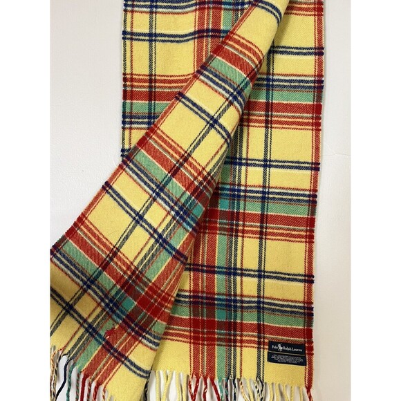 Vintage Ralph Lauren Cashmere Wool Yellow Plaid Tartan Scarf Blue Label, Rare! - Picture 4 of 6